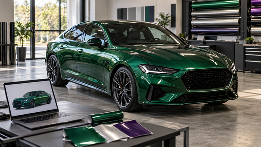 AI-generated concept of a green wrapped sedan with a digital color preview and vinyl samples