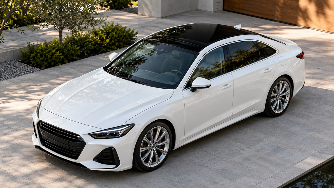 AI-generated concept of a white sedan with a glossy black roof wrap