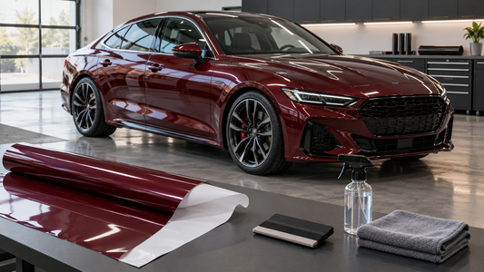 AI-generated concept of a burgundy car with colored film and installation tools