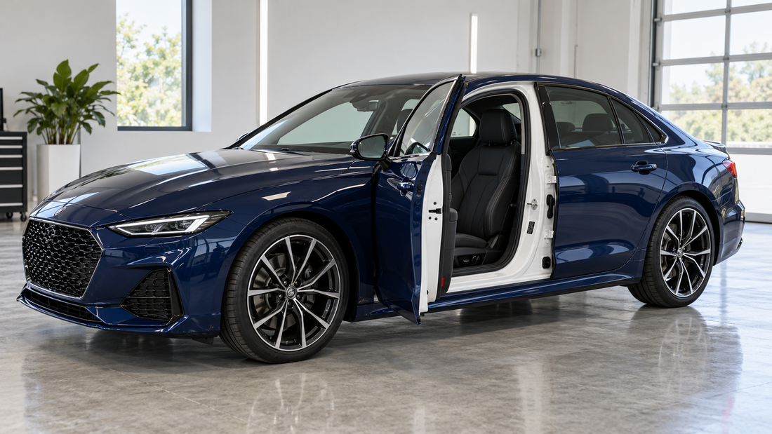 AI illustration of a navy wrapped sedan with an open door revealing original white door jambs
