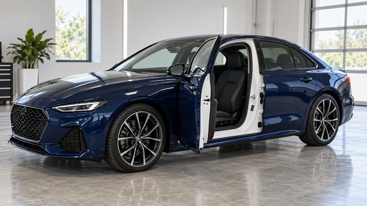 AI illustration of a navy wrapped sedan with an open door revealing original white door jambs