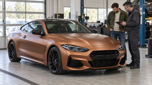 AI illustration of a buyer and inspector reviewing a copper wrapped coupe before purchase
